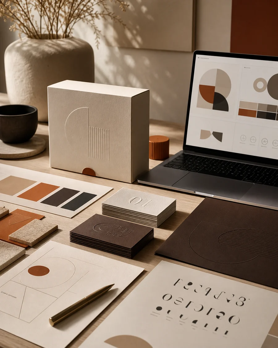 Premium visual identity system presented in a contemporary branding studio