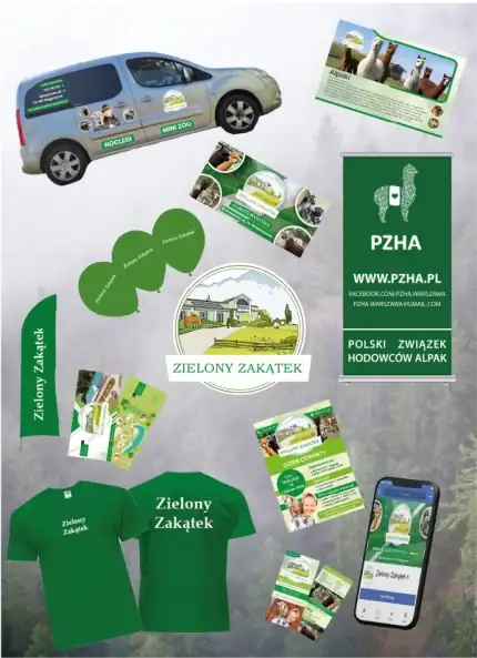 A collection of eco-friendly branding materials for Zielony Zakątek and PZHA. Includes a branded silver minivan, green t-shirts, flyers, business cards, and a mobile phone screen displaying green marketing graphics.