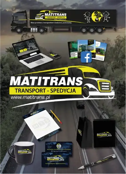A comprehensive branding portfolio for a transport and freight forwarding company named Matitrans. Displays a black semi-truck with yellow branding, a laptop, a notebook, a mug, pens, and promotional bags.