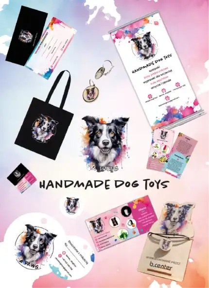 A colorful brand identity showcase for a pet product brand named Handmade Dog Toys. Features a black tote bag, business cards, tags, and promotional brochures decorated with colorful illustrations of dogs.