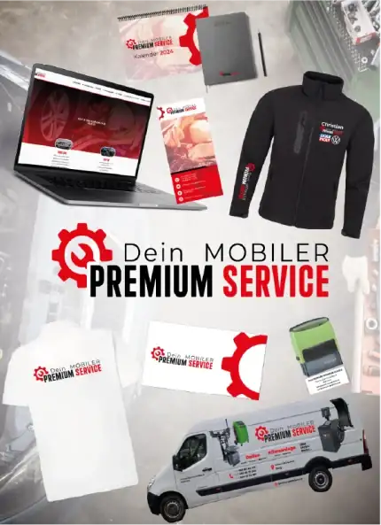 Complete branding identity for Dein Mobiler Premium Service, including marketing materials and a service vehicle.