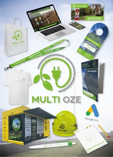 A composite multi-item corporate identity and promotional materials mockup collage for MULTI OZE, a renewable energy solutions company.