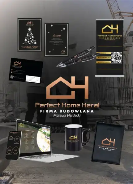 A corporate identity showcase for a construction company named Perfect Home Heral. Features black and gold business cards, a banner, a mug, a laptop displaying their website, and pens against a construction site background.