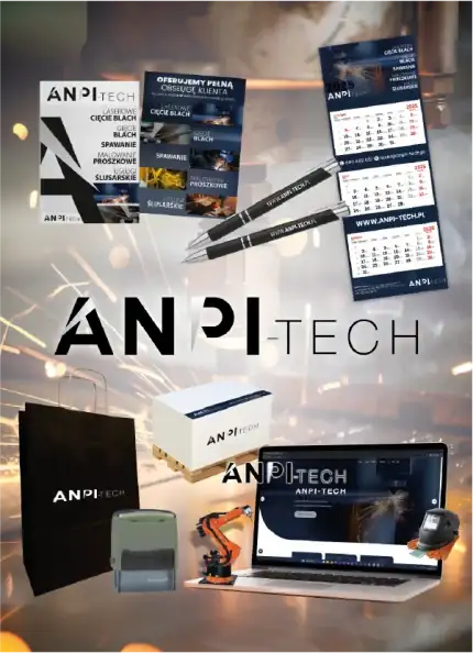 A comprehensive corporate identity design mockup for a technical company named Anpi-Tech. Includes business calendars, branded folders, a mug, pens, a laptop, and promotional gadgets in navy blue and black colors.