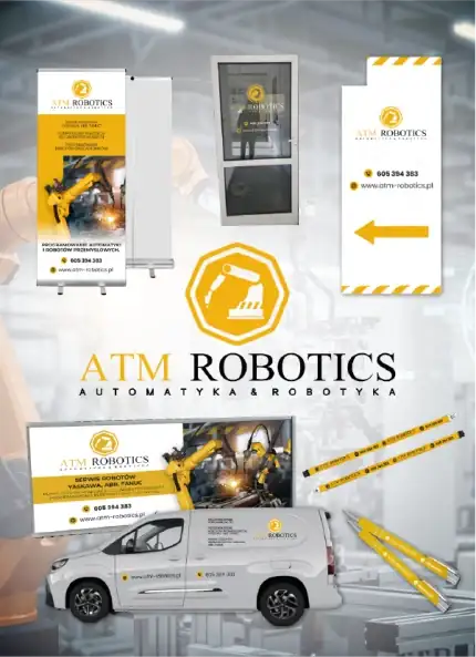 Corporate branding and marketing materials mockup for ATM Robotics, including banners, vehicle wrapping, signage, and promotional gadgets.
