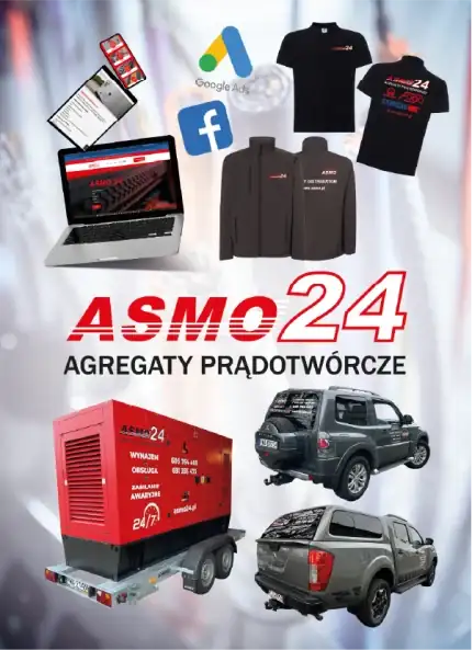 A promotional product mockup for a power generator company named Asmo24. Displays a large red mobile generator, branded jackets, a laptop, social media marketing badges, and a branded pickup truck.